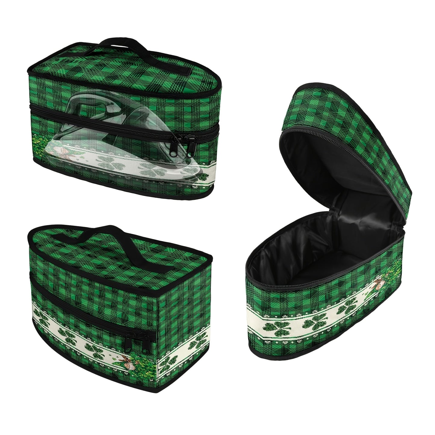 Portable ironing bag with St. Patrick's Day cloverleaf design, perfect for travel or storage. Features top handle and double zipper for easy access. Made of polyester material, dust proof. Ideal holiday gift for anyone in need of a stylish accessory.