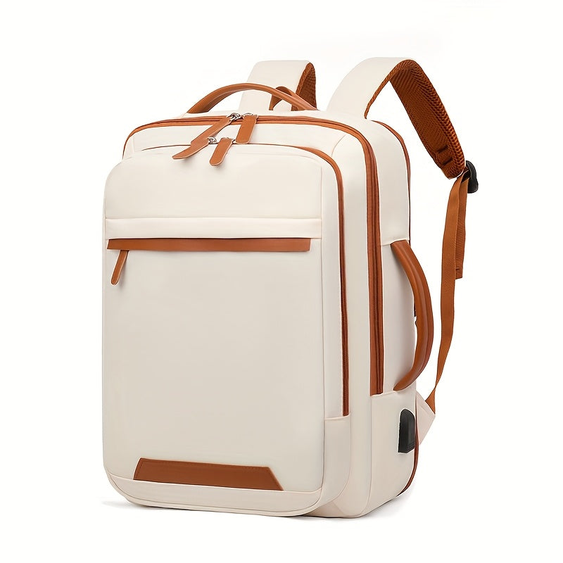 Expandable outdoor backpack with laptop compartment, wet/dry separation, ideal for students, business travel, and carry-on use.