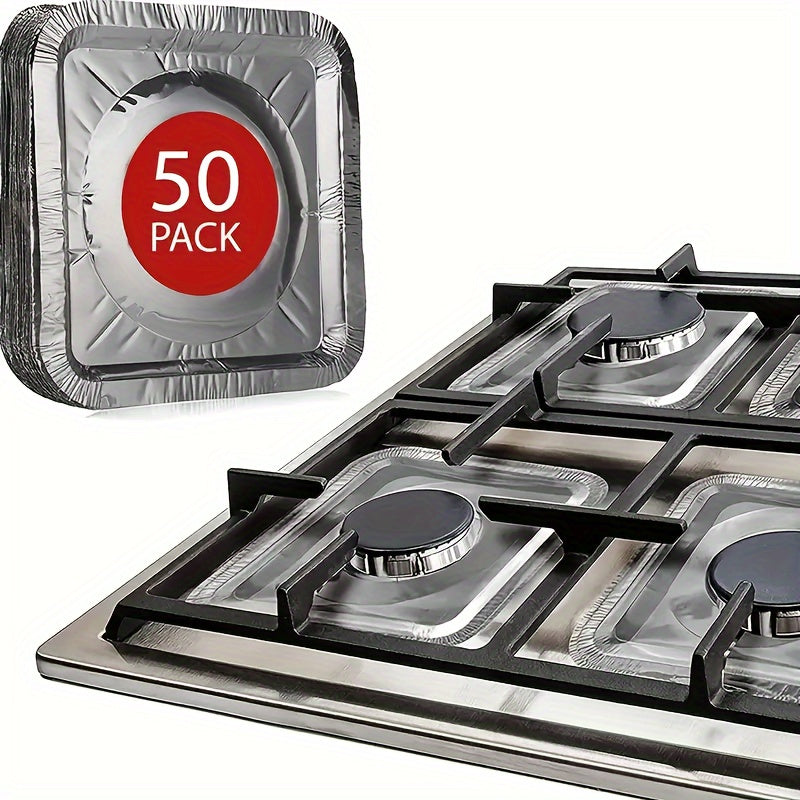 50 disposable aluminum covers designed for gas stoves, with a size of 8.5 inches square and heat-resistant properties to protect stove tops. These thick covers are ideal for use with gas stoves and can be used for various kitchen tools, supplies, and