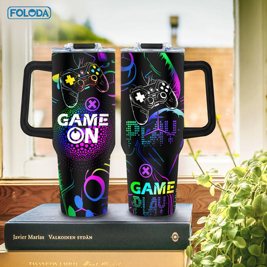 Foloda 40oz Stainless Steel Tumbler with Fun Gaming Controller Design, Complete with Handle, Lid & Straw - Great Gift for Gamers of All Ages, Perfect for Gaming, Traveling & Outdoor Activities