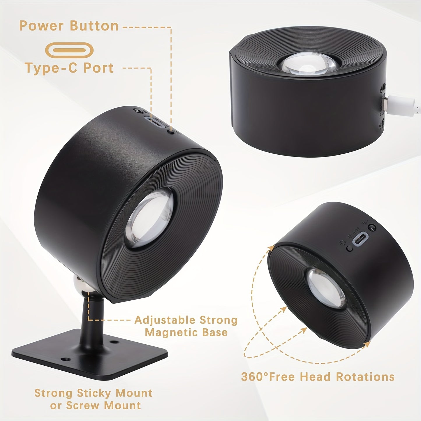 1 or 2 LED Wall Lights with rechargeable battery, adjustable brightness levels and color temperatures, touchpad control, USB charging, 360° rotatable magnetic ball, non-waterproof. Ideal