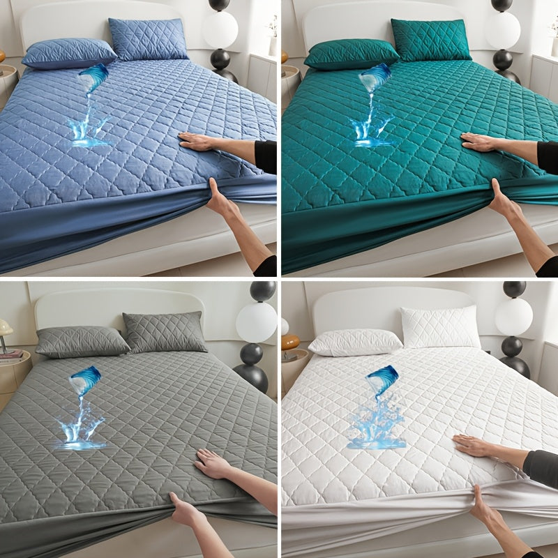 Diamond quilted waterproof bed sheet protector made of 100% woven polyester. Machine washable and available in multiple sizes (pillow shams not included).