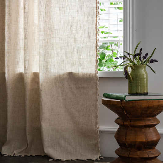 Boho Solid Color Curtain with Bamboo Flaxen Texture and Simple Tassel Design, Translucent Curtain for Bedroom or Living Room Bay Window Decor, Includes 3-inch Rod Pocket for Easy Installation