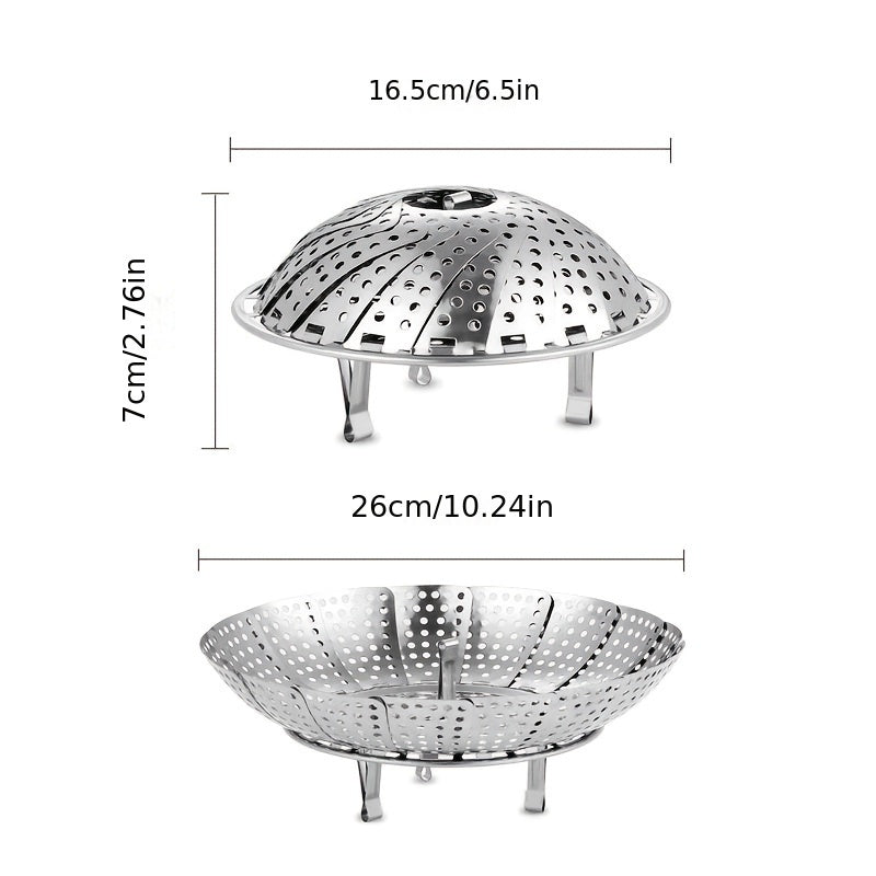 Multi-functional stainless steel steamer rack that can be expanded or folded for convenient storage, great for steaming a variety of foods such as buns, eggs, and fruits. A must-have kitchen gadget for use at home, in dorms, or during holidays.