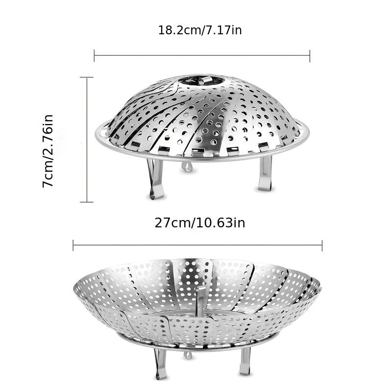 Multi-functional stainless steel steamer rack that can be expanded or folded for convenient storage, great for steaming a variety of foods such as buns, eggs, and fruits. A must-have kitchen gadget for use at home, in dorms, or during holidays.