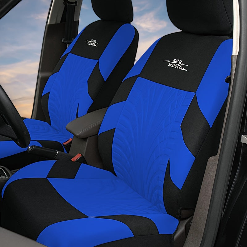 Polyester car seat cover for 5-seater vehicles, breathable and stain-resistant, with tire tread design. Fits sedans and SUVs.