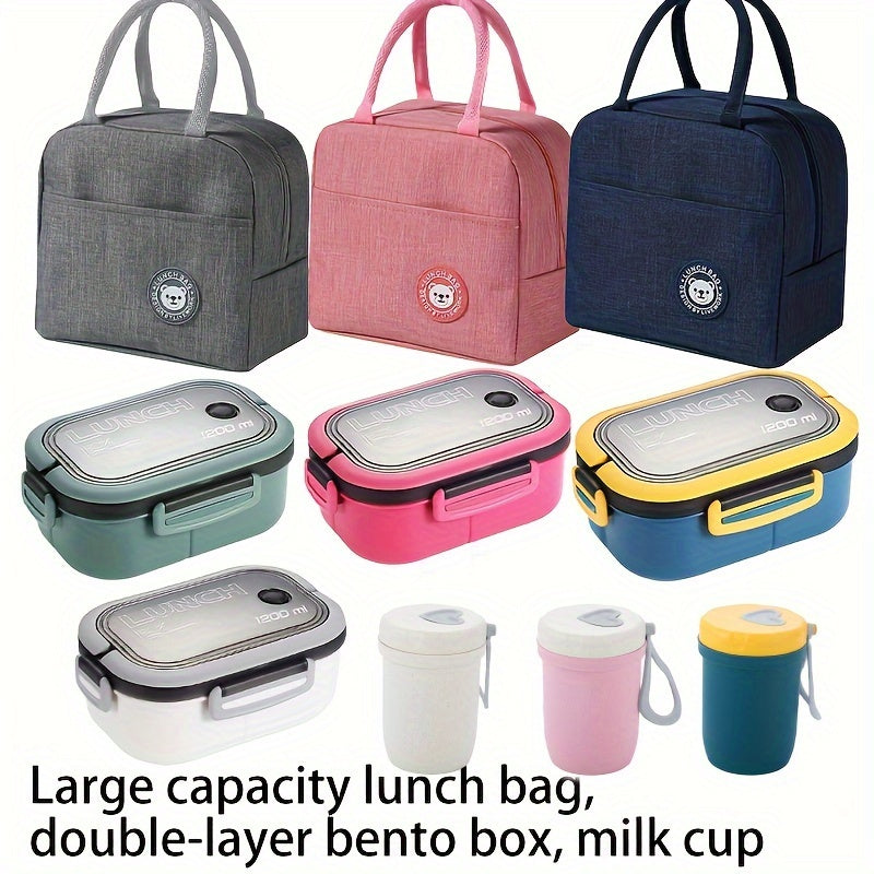 Three-piece set of versatile lunch bags with inner compartments and storage pouches, perfect for school, work, picnics and camping.