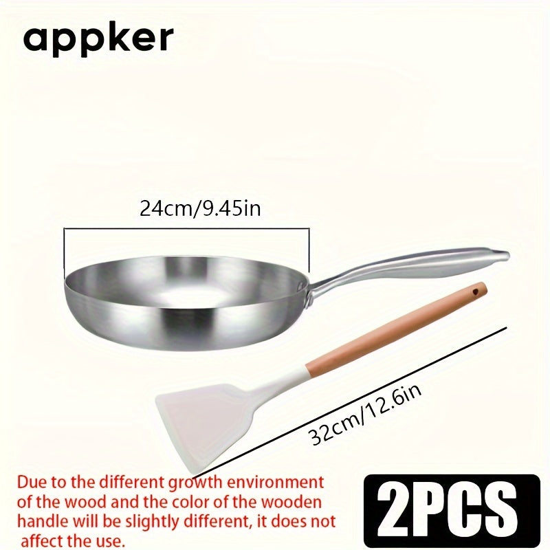 Appker presents a set of 2 non-stick frying pans with a silicone spatula included. Made of durable stainless steel, these pans are ideal for cooking steak and wok dishes. They are compatible with induction stoves, making them versatile for any kitchen.