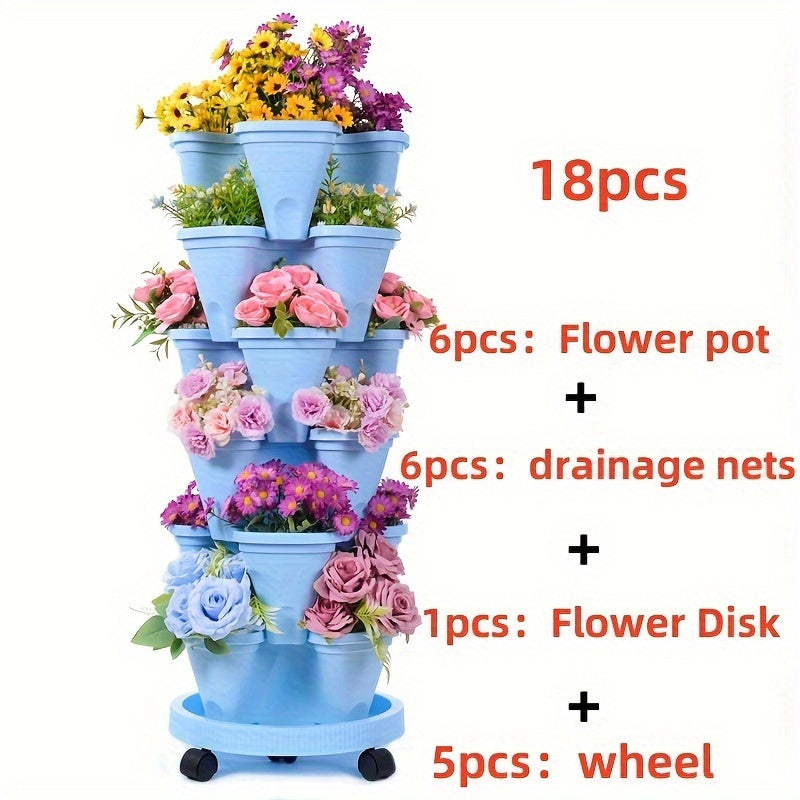 6-Layer stackable flower pots made of durable plastic with wheels and tools for indoor or outdoor gardening. Suitable for flowers, herbs, strawberries, and vegetables.