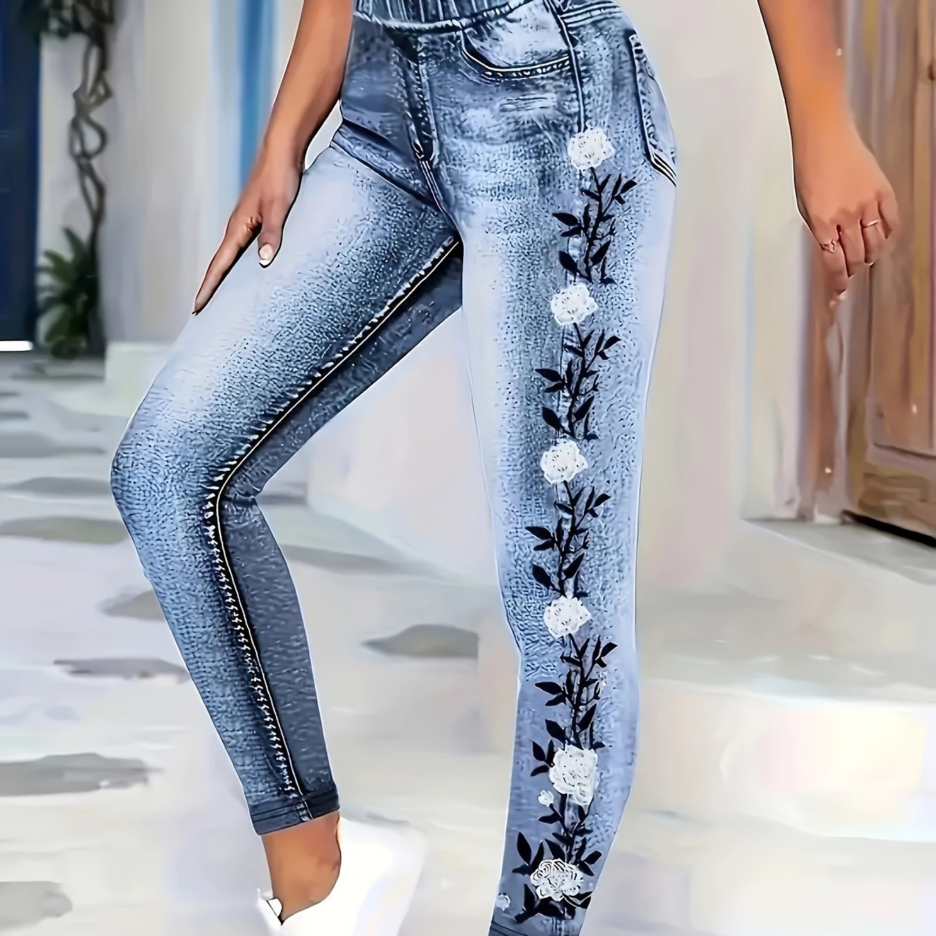 Women's stylish cowboy floral print high waist skinny jeans, versatile stretch leggings for every season.