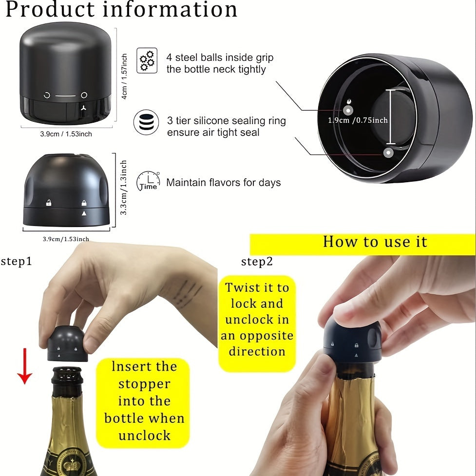 4 reusable, leakproof wine and champagne bottle stoppers in black for bars, restaurants, and hotels.