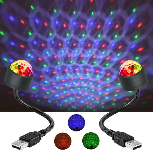 2 USB Starry Sky LED Night Lights with music rhythm projection and flexible gooseneck for indoor disco parties and stage effects.