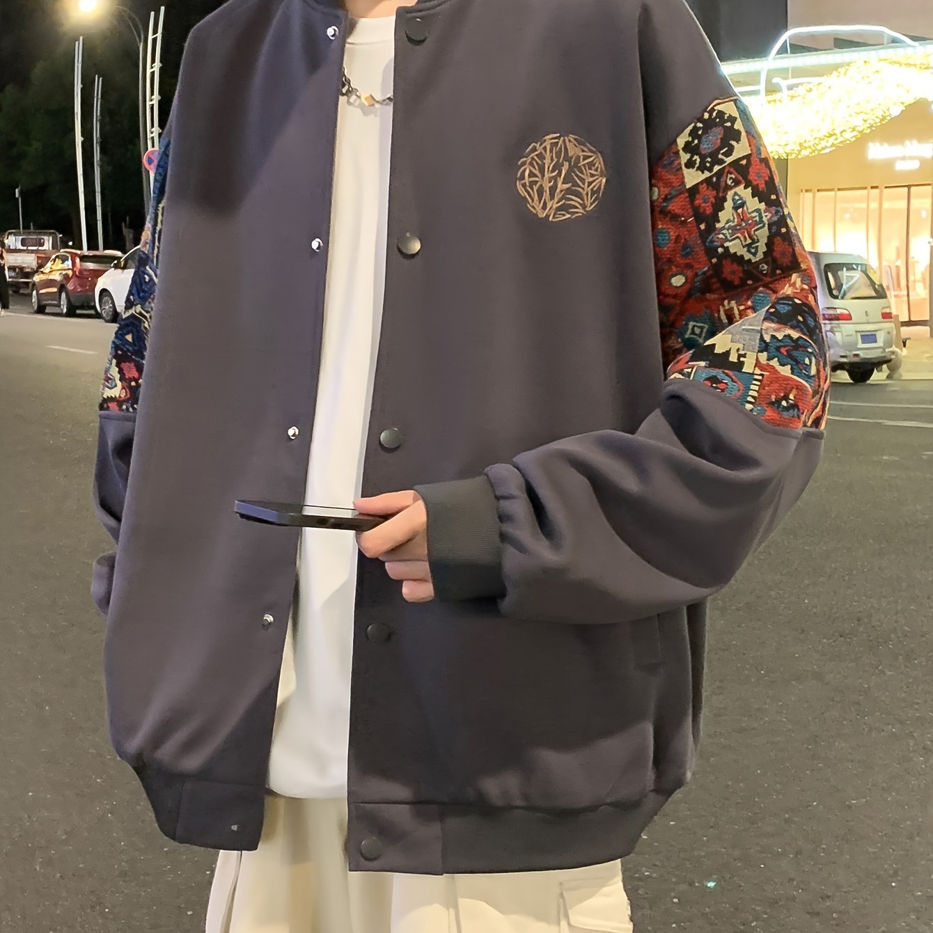 Men's Casual Ethnic Embroidered Varsity Jacket - Cotton Blend, Button Closure, Long Sleeves, Floral Pattern Detail, Perfect for Casual Outings and Evening Dates