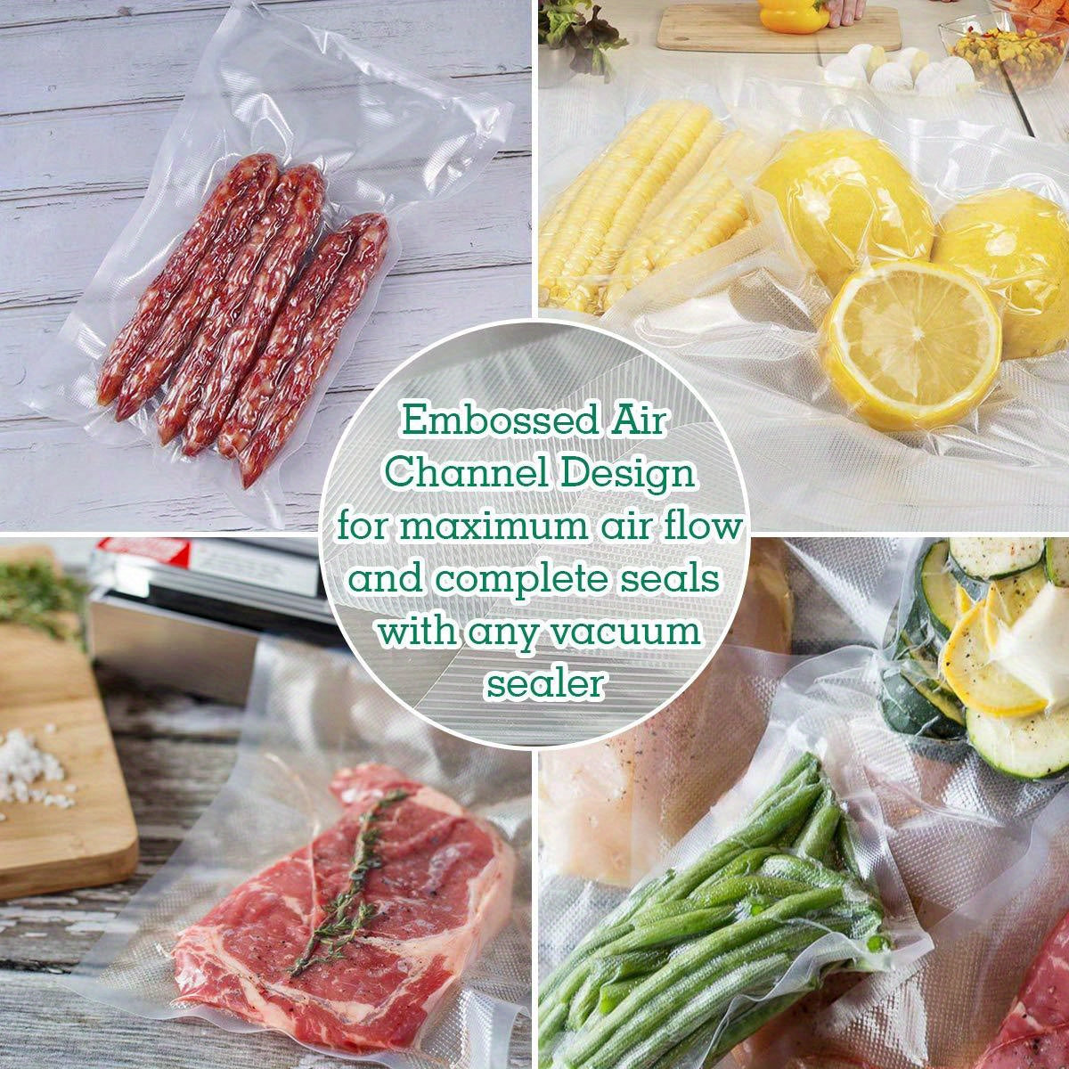 100 BPA-Free Vacuum Sealer Bags, designed for commercial use and embossed to lock in freshness. Ideal for Sous Vide cooking, meal prep, and storage.