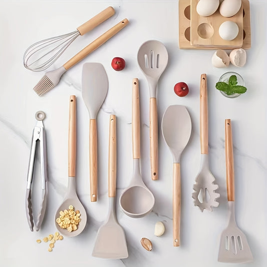 12-piece Silicone Kitchen Utensil Set with Wooden Handles for non-stick, heat resistant cooking in khaki color. Includes spatulas, ladles, whisks, and more. Durable and easy to clean.