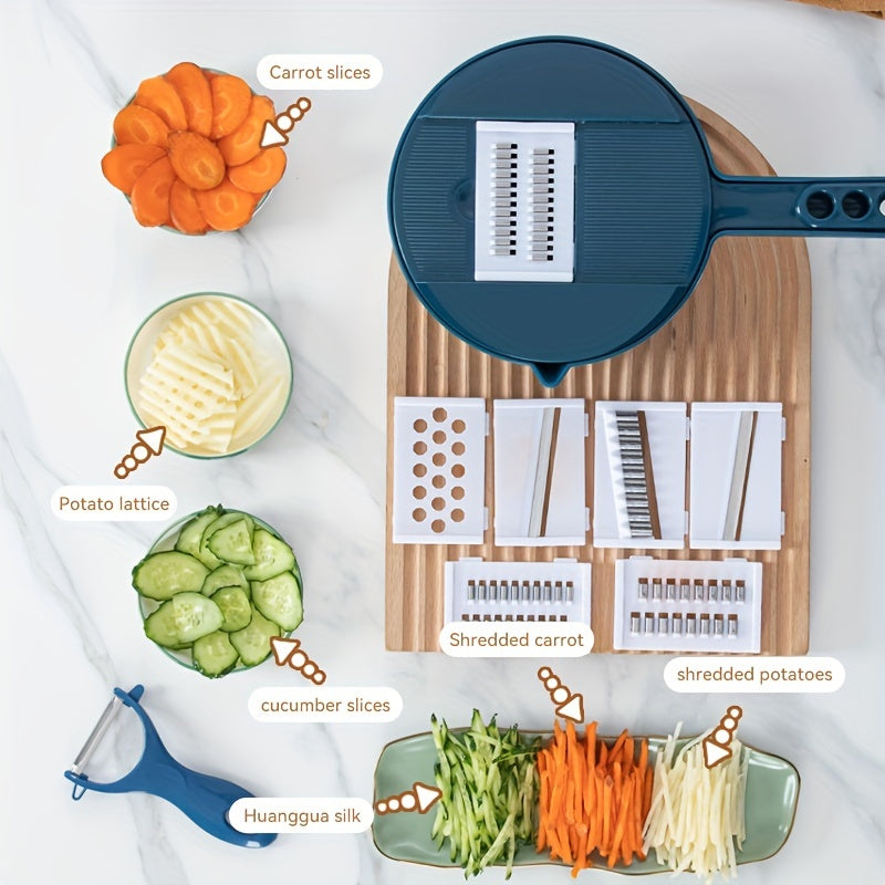 Multi-functional vegetable chopper for cutting, shredding, slicing, and grating vegetables in a hotel or commercial setting.