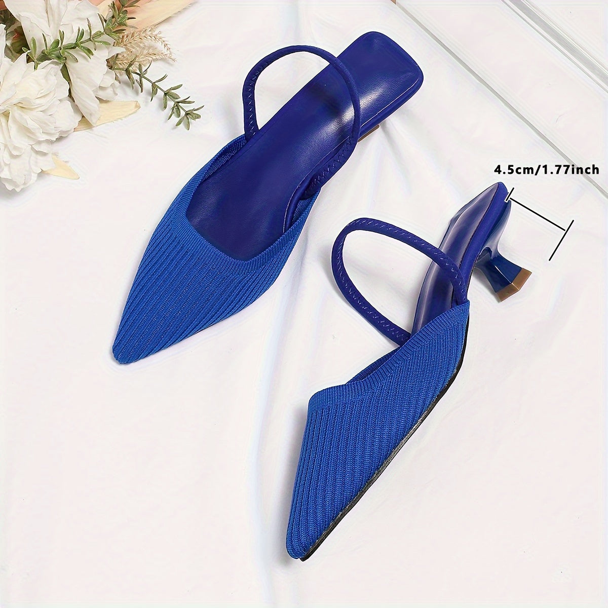 Solid color knit mules for women with flared heel and slingback style, featuring a trendy point toe design for comfort.