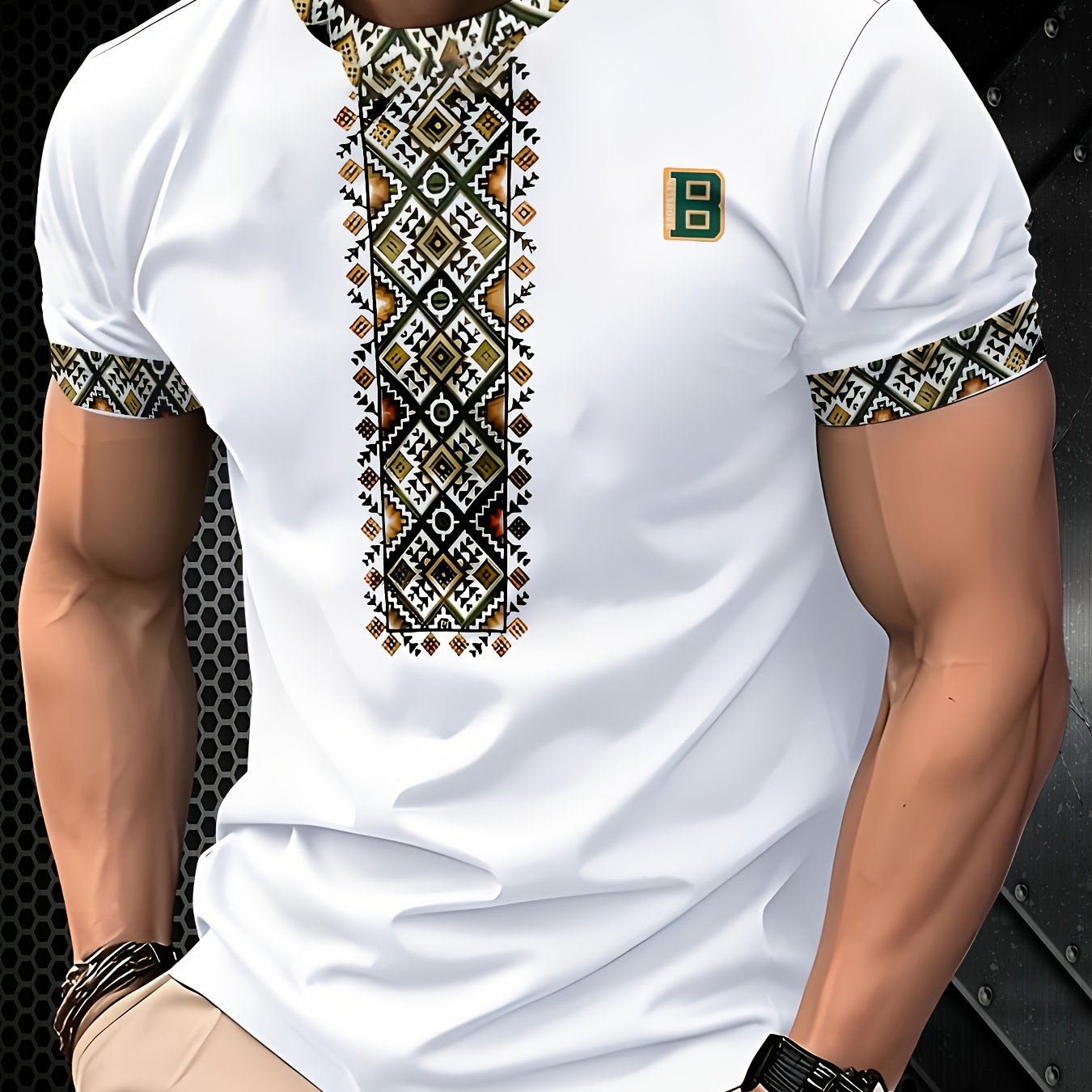 Men's Fashion Casual T-Shirt: 100% Polyester, Crew Neck, Geometric Pattern, All-Season Knit Fabric, Plaid, White, Fashion Style, Four Seasons