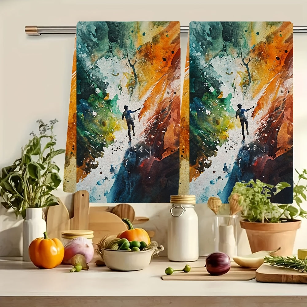 Get your hands on these 2 vibrant abstract art kitchen towels! Made from ultra soft and highly absorbent polyester, these dish hand towels are perfect for everyday use. With measurements of 40.64x60.96 cm, they are machine washable and ideal for holiday