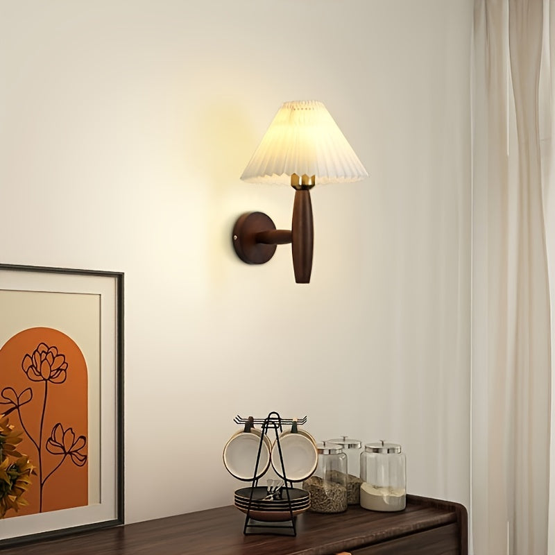 Wooden wall sconce with thick lampshade, Japanese style. No bulb included. Hardwired for household use.