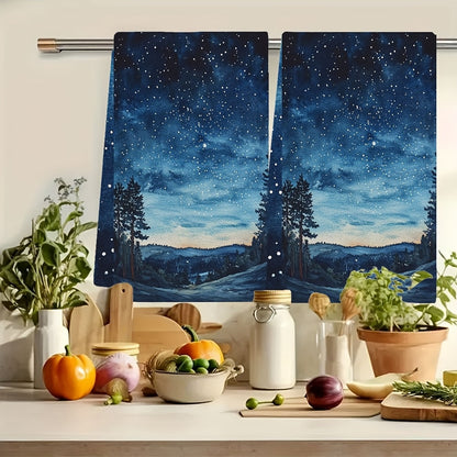 Set of 2 Ultra Plush Kitchen Towels with Starry Night Sky Design, Exceptionally Absorbent & Easy to Clean Dish Hand Towels, Size 40.64x60.96 cm - Ideal for Festive Decor and Drying Dishes