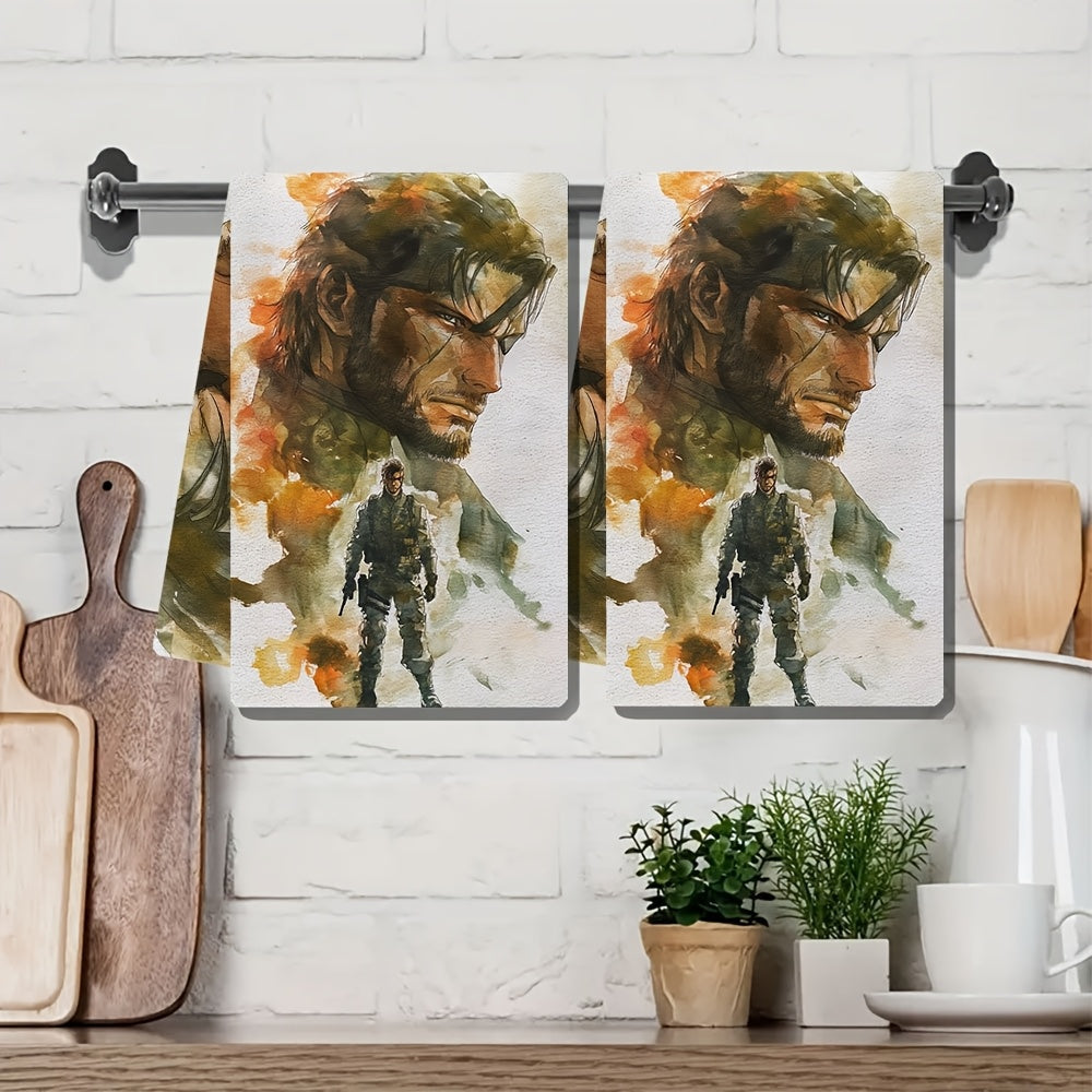 Two-pack of luxurious kitchen towels with Metal Gear Solid design, ultra soft and highly absorbent for holiday decorating. Machine washable, size 40.64X60.96 cm.