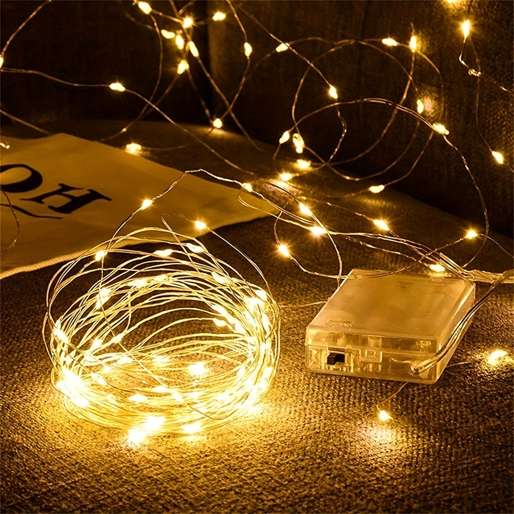 Battery-powered 20/50/100 LED warm white fairy lights on copper wire with blinking effect, ideal for home decor and special occasions like weddings, Christmas, and Valentine's Day - no plug, switch control.