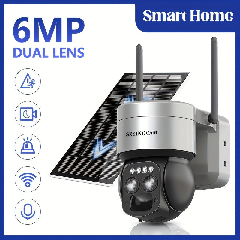 6MP PTZ HD Security Camera with 8X Hybrid Zoom, Dual Lens, Solar Panel, 2.4GHz WiFi, Motion Spotlights, Color Night Vision, Ultra-Wide Angle PIR Motion Detection, 2-Way Audio - Waterproof