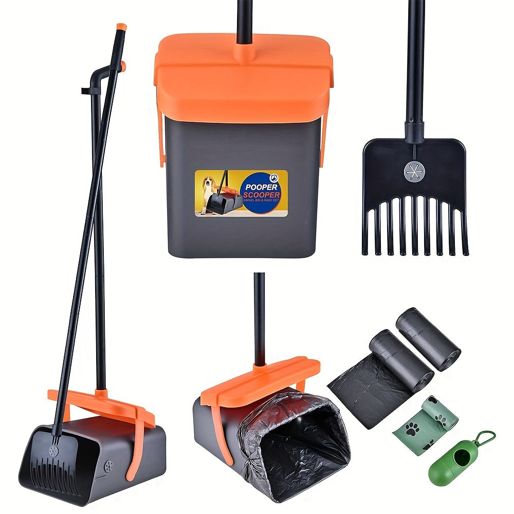 Dog owners with medium to small breeds can easily clean up their pet's mess with this heavy-duty poop scooper set. The set includes a swivel bin and rake with a long handle measuring 116.84cm/104.14cm. It is ideal for use on grass, dirt, or gravel.