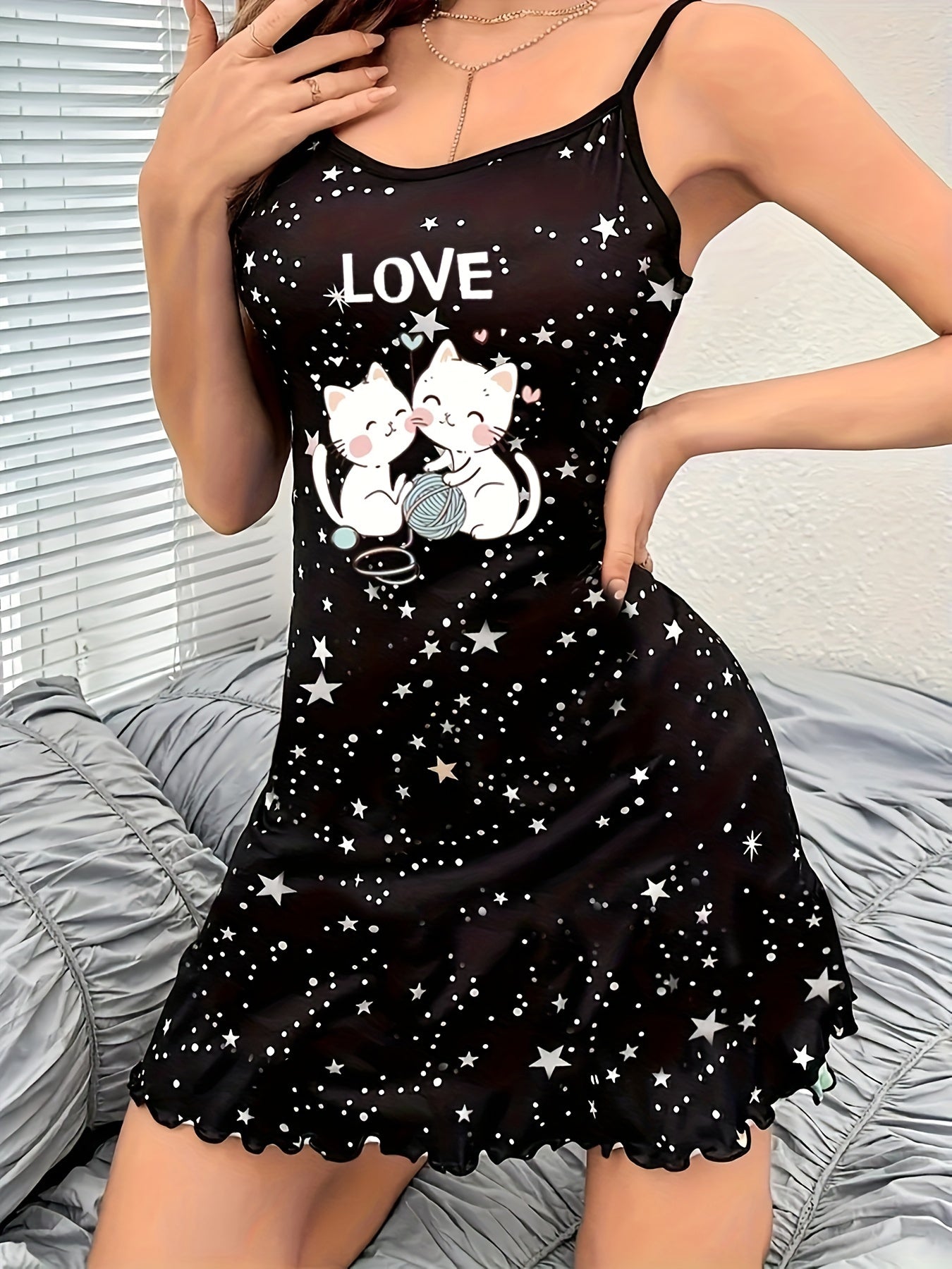 Cat and star print, frill trim lounge dress, backless slip dress, comfortable nightgown for women