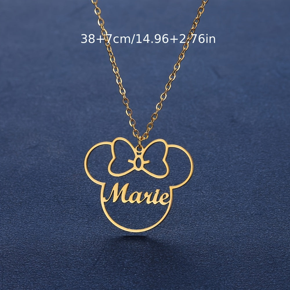 Personalized Women's Pendant Necklace - Beautiful Cartoon Style with Custom Name and Bow Design, Made of 304 Stainless Steel, Customizable Necklace with Butterfly Bow Pendant