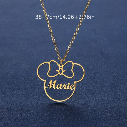 Personalized Women's Pendant Necklace - Beautiful Cartoon Style with Custom Name and Bow Design, Made of 304 Stainless Steel, Customizable Necklace with Butterfly Bow Pendant