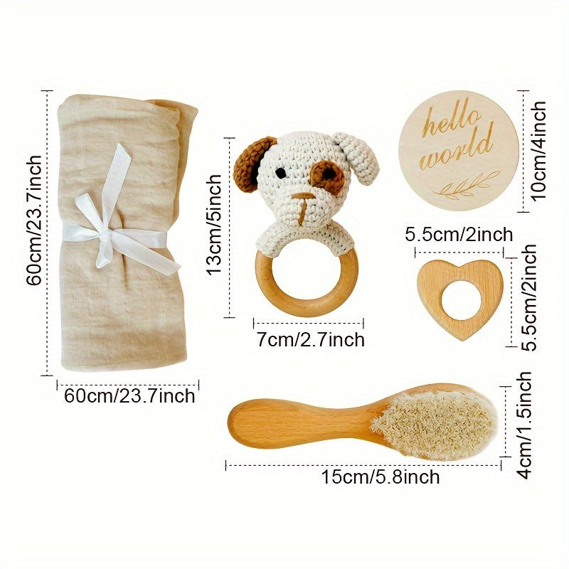 Premium Handcrafted Baby Shower Gift Set - Featuring a Handmade Crochet Dog Rattle, Luxuriously Soft Bamboo & Cotton Towel, Natural Goat Hair Brush, Eco-Friendly Beechwood Heart Toy, and Adorable 'Hello World' Card - Ideal for Children from Infancy to