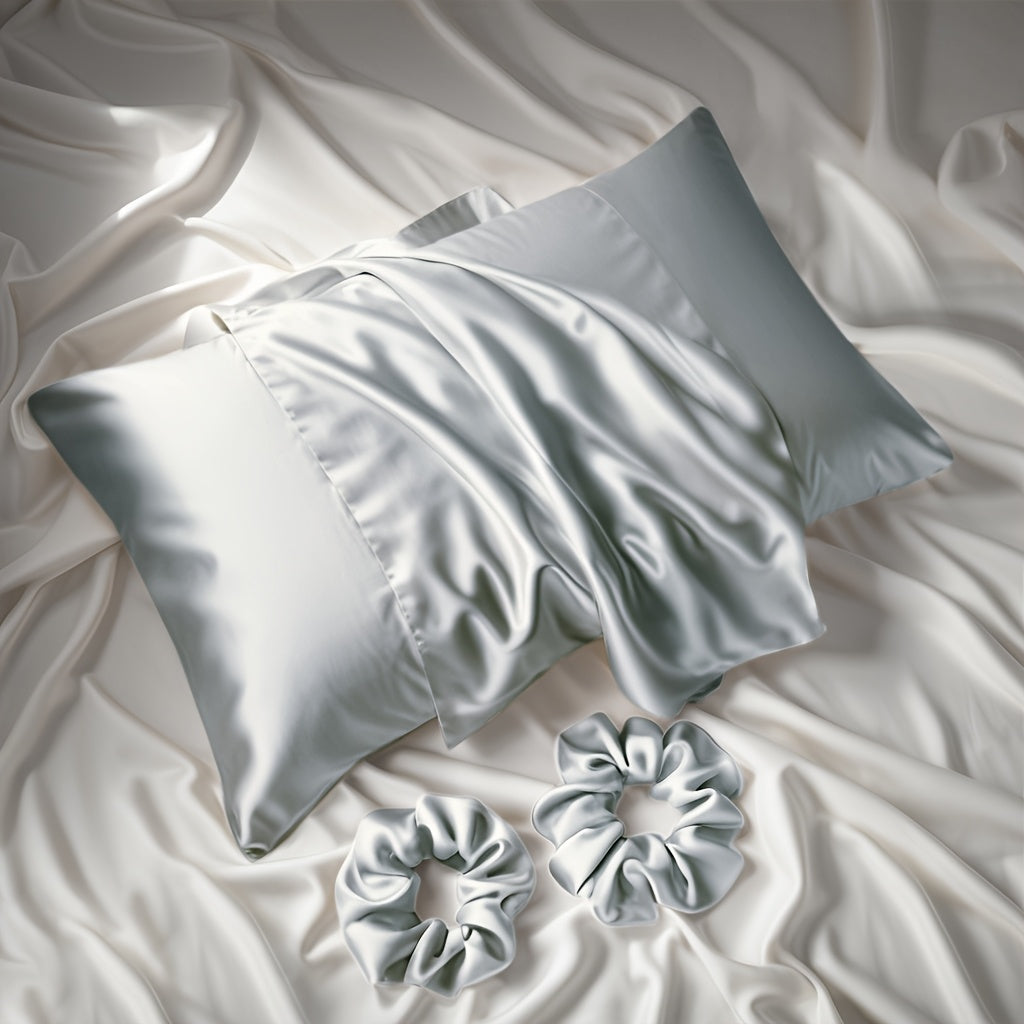 Elegant Satin 3-piece Set for Bedroom and Bathroom: Includes 1 Pillowcase (pillow core not included) and 2 Headbands - Featuring a Modern and Sleek Design, Perfect for Home, Hotel, or Bedroom Decor.