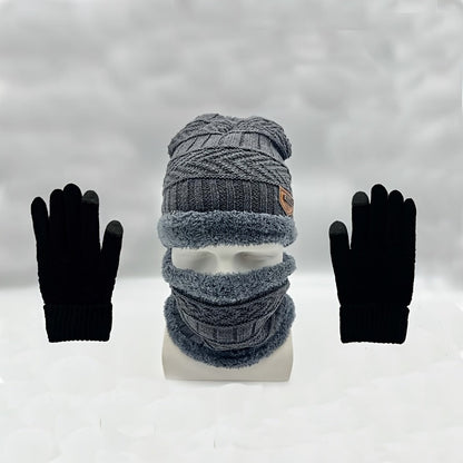 Three-Piece Set of Men's Cozy Knit Hat, Scarf, and Gloves - Featuring Thick Fleece Lining for Warmth. Includes Letter Patch Style Hat, Faux Sheepskin Scarf, and Full Finger Gloves for Winter.