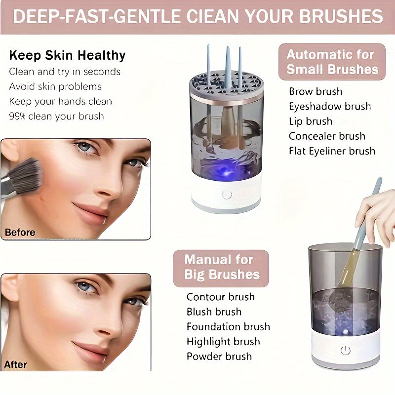 Electric makeup brush cleaner and dryer machine with USB power and universal silicone cap for all brushes, providing fast cleaning and drying for home use.