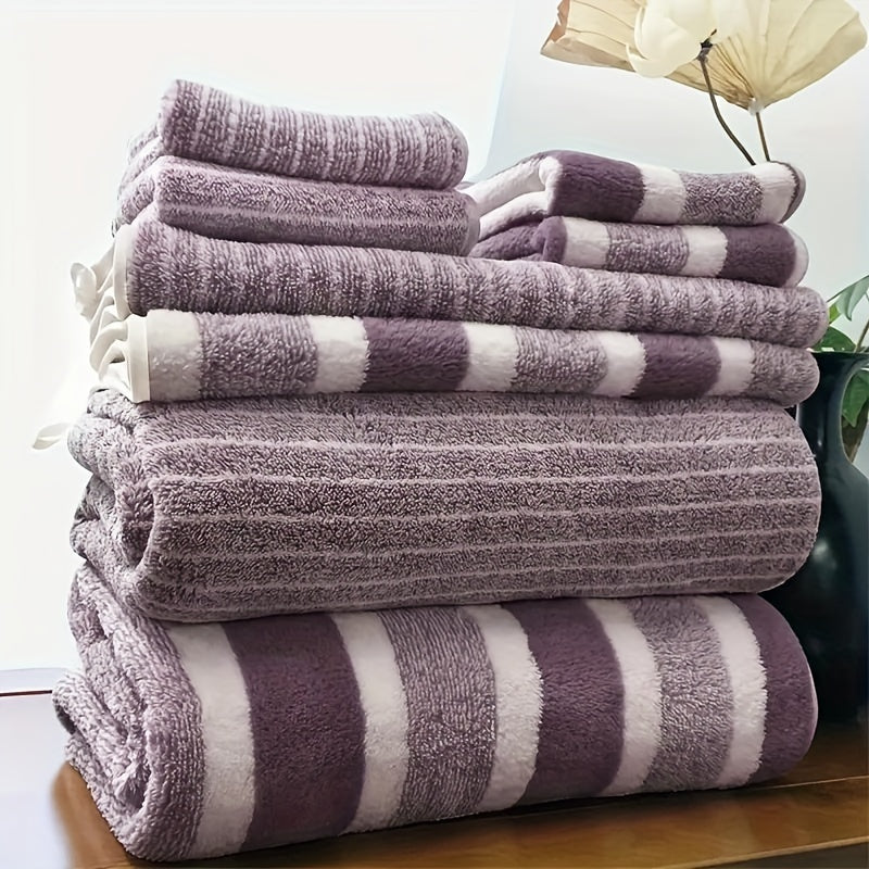 8-piece Striped Bath Towel Set with face, hand, and bath towels for hotel, sports, travel, fitness, and yoga. Soft, absorbent, and quick-dry. Ideal bathroom essentials with decorative towel