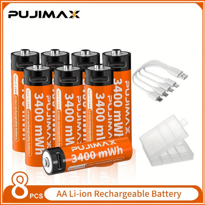 PUJIMAX 1.5V AA 3400Mwh and AAA 1100Mwh Lithium Batteries with Type-C Charging Port.