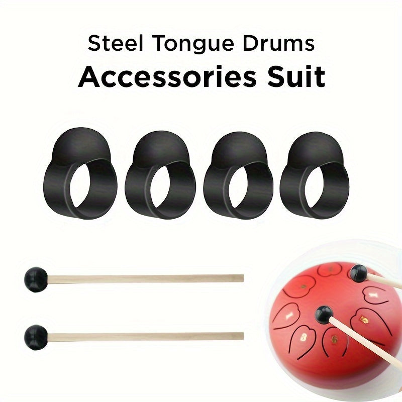 Ethereal drum accessory set includes 6-inch drum, 1 pair of Birchwood drumsticks, 4 finger covers, Lotus Steel Tongue Drum Mallets, and soft rubber head drumsticks.