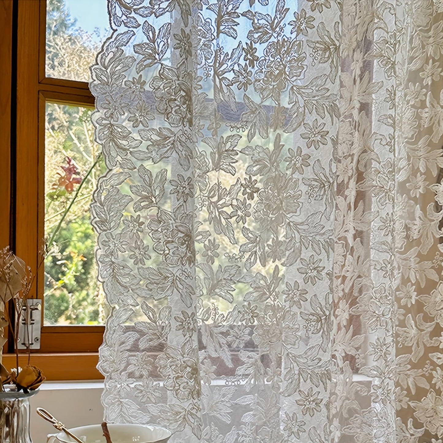 Vintage jacquard sheer curtain set with lace embroidered panels for bedroom, kitchen, restaurants. Washable and unlined, perfect for all seasons with a romantic theme.