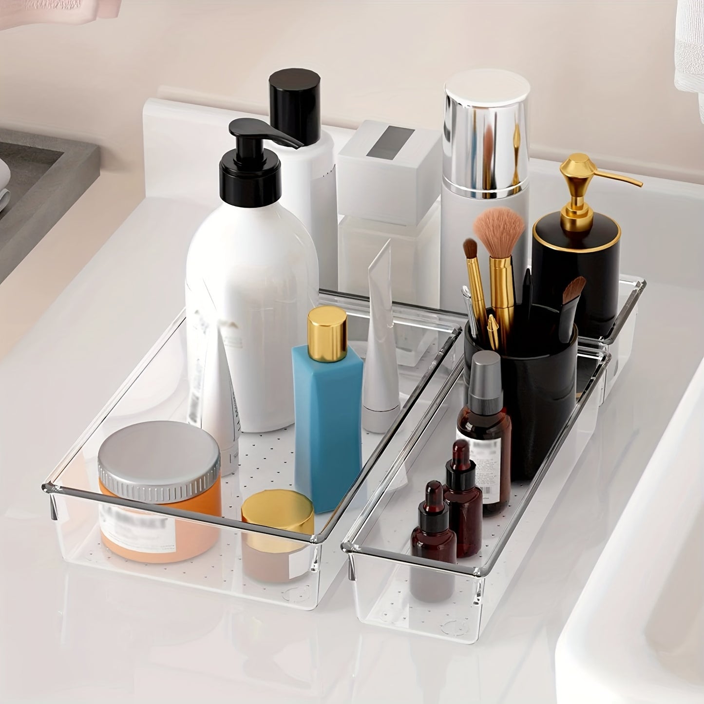 Set of 9/18 versatile clear plastic organizers for vanity and bathroom drawers, in 4 different sizes, for makeup, kitchen, and office.