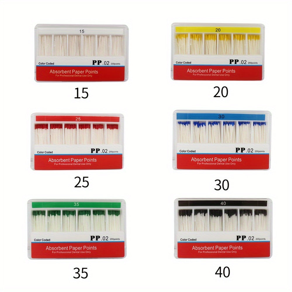 200 Model Taper 02 Absorbent Paper Points in sizes 15, 20, 25, 30, and 40.