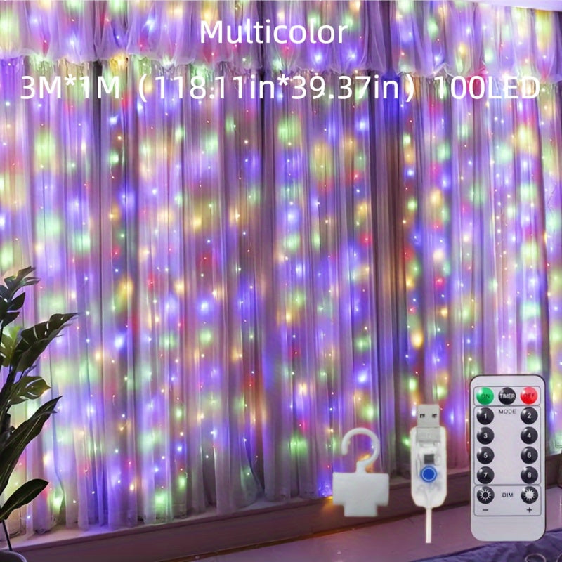 USB powered LED curtain string lights with remote control, 8 lighting modes, and infrared sensor function. Perfect for bedroom wall decoration, ideal for Christmas, parties, and Valentine's Day.