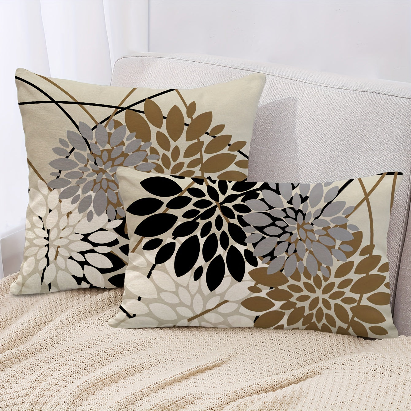 Stylish Dahlia Floral Pillow Cover in Black & Brown, Modern Farmhouse Decor for Living Room Sofa Bed, Zip Closure, Polyester, Hand Wash Only.