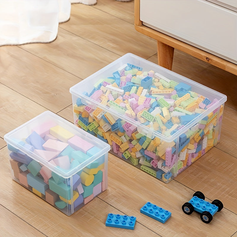 Durable plastic storage box with flip lid for building blocks, toys, and office supplies.