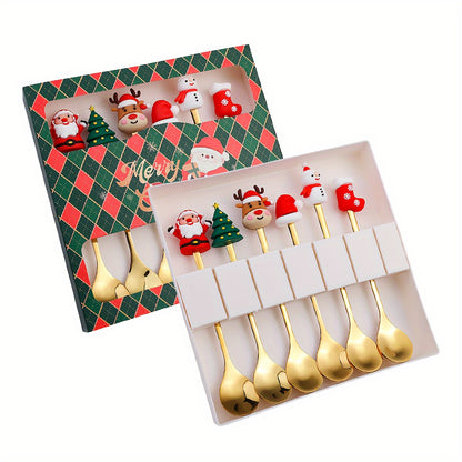 Set of 4/6 Christmas-themed stainless steel coffee spoons and forks in a red or green gift box for stirring beverages and desserts.