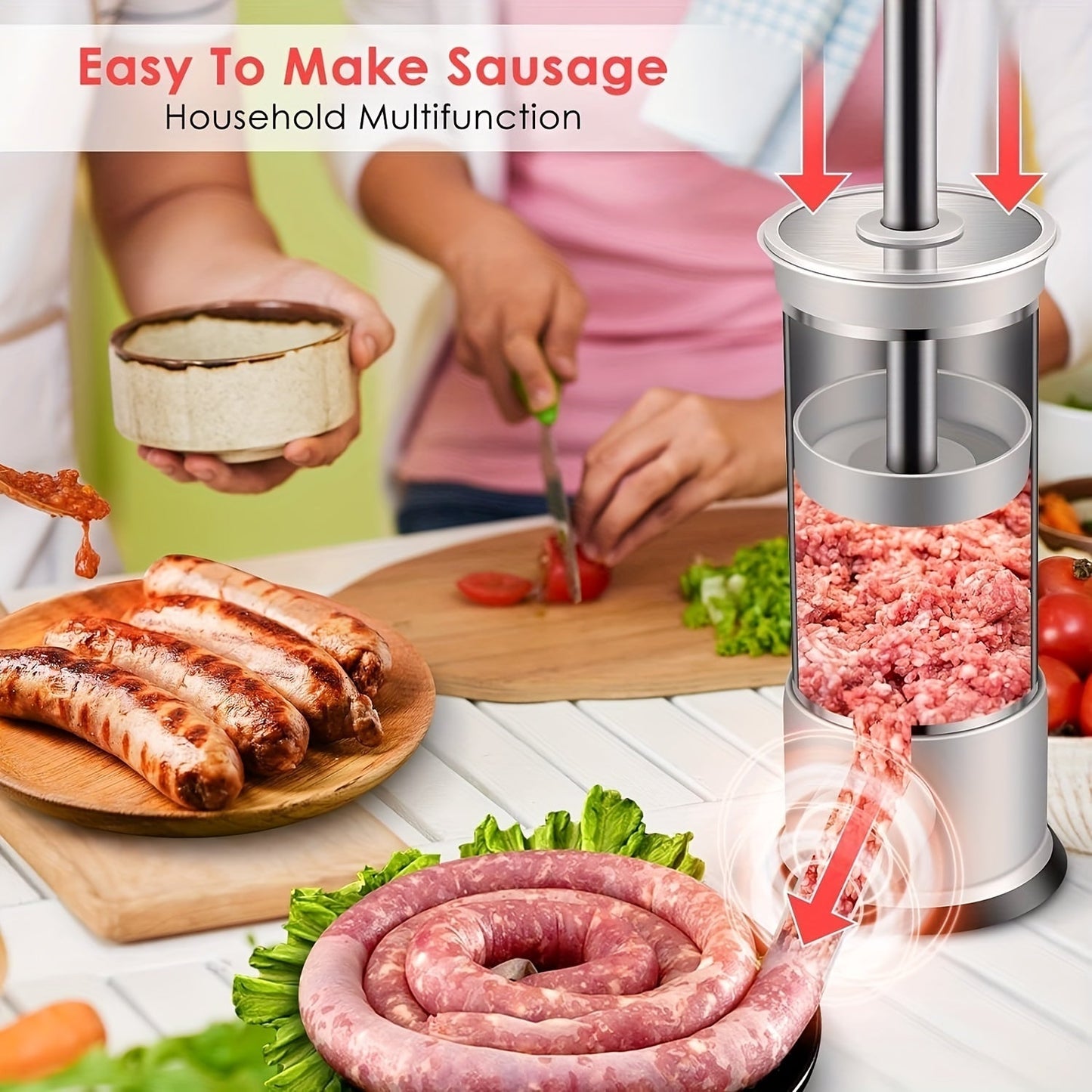 1 piece of Stainless Steel Sausage Syringe Machine with Stuffing Tubes, Manual Sausage Stuffer Filler, Hand Operated Salami Maker - Kitchen Tools and Accessories.