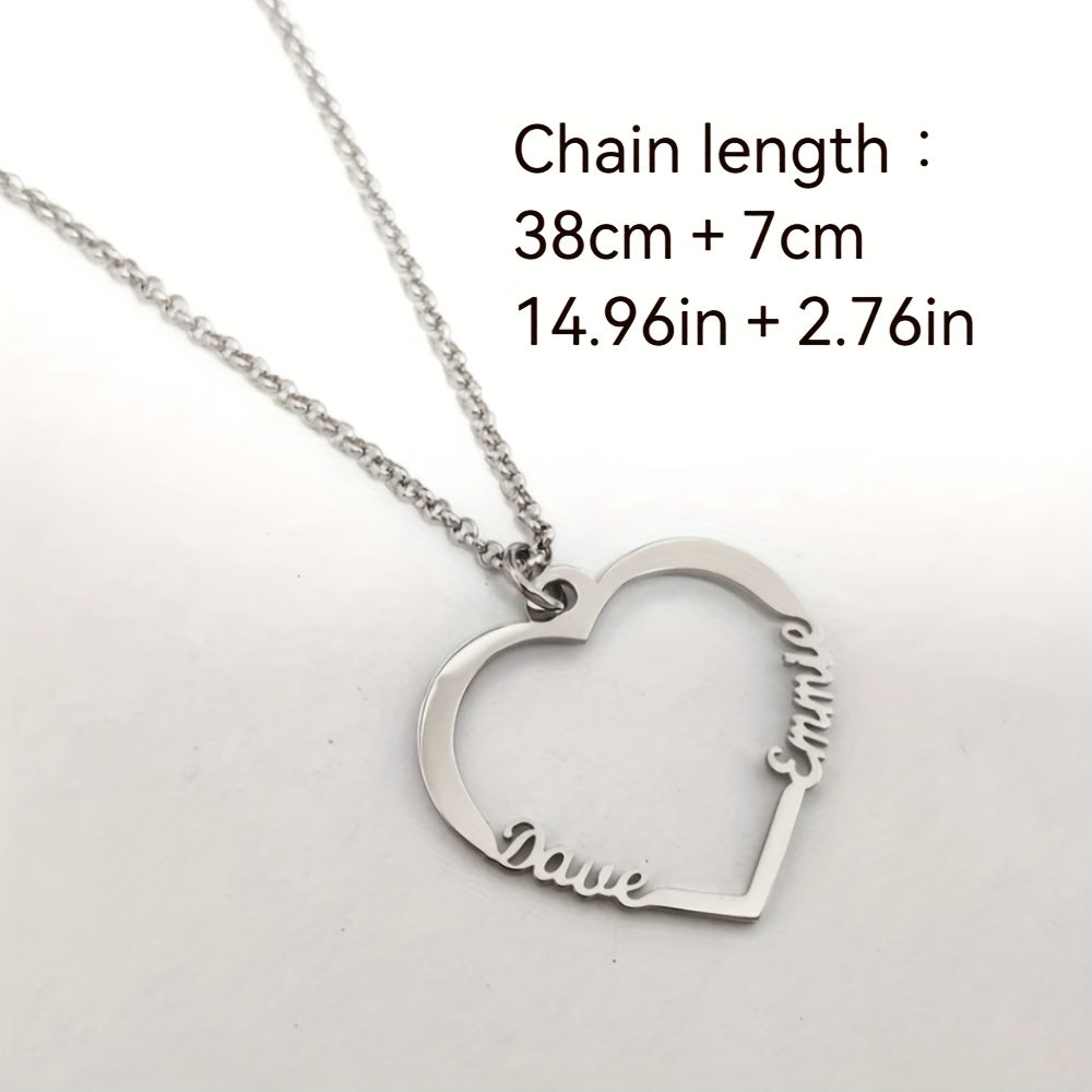 Personalized Heart Necklace with Two Custom Names, Stainless Steel Double Name Necklace, Personalized Name Necklace with Heart Pendant, Customized Necklace with Two Names