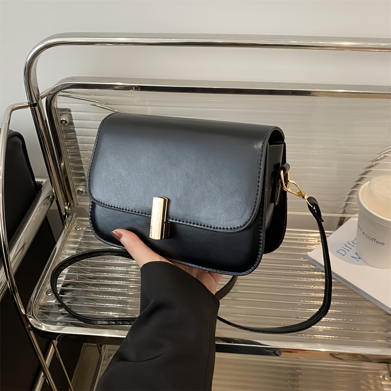 Casual PU crossbody bag for women with adjustable strap, solid color, turn-lock closure, lightweight handbag with French stick lock design at origin Baigou.