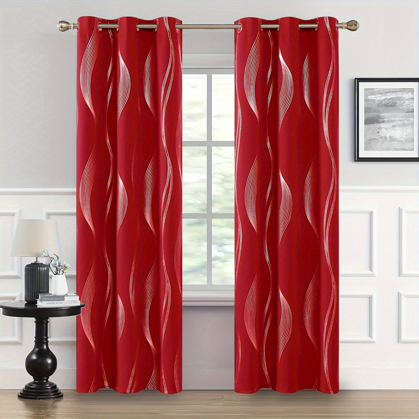 Two pieces of contemporary blackout curtains made from high-quality woven polyester, featuring a grommet top design for easy hanging. These room darkening drapes are machine washable and showcase a fantasy stripe pattern with eyelet detailing. Suitable